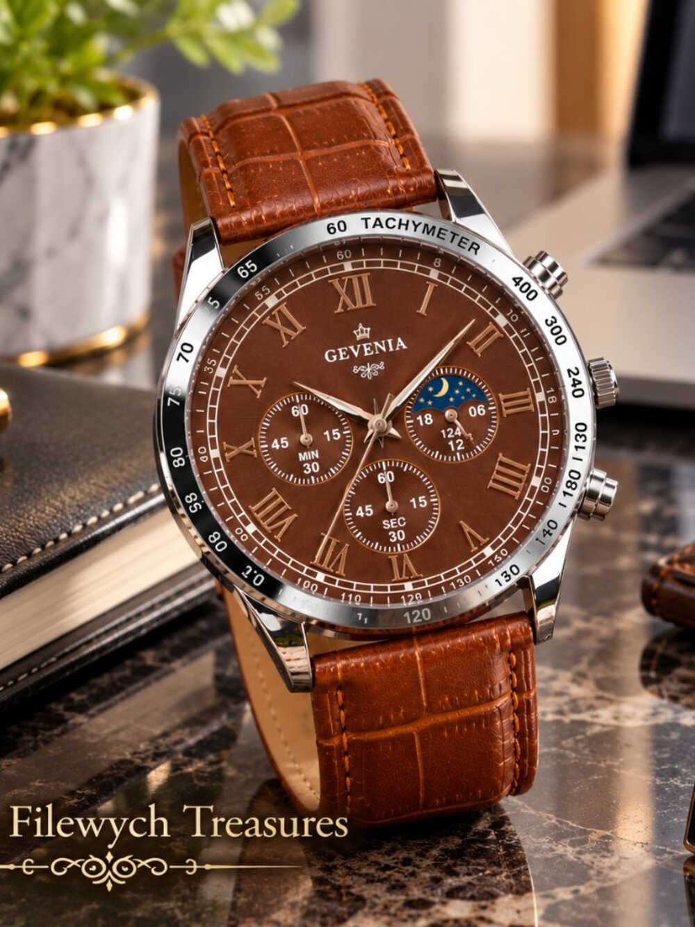WA-58--Gevenia Men's Brown Dial Watch with Roman Numerals and Brown Strap